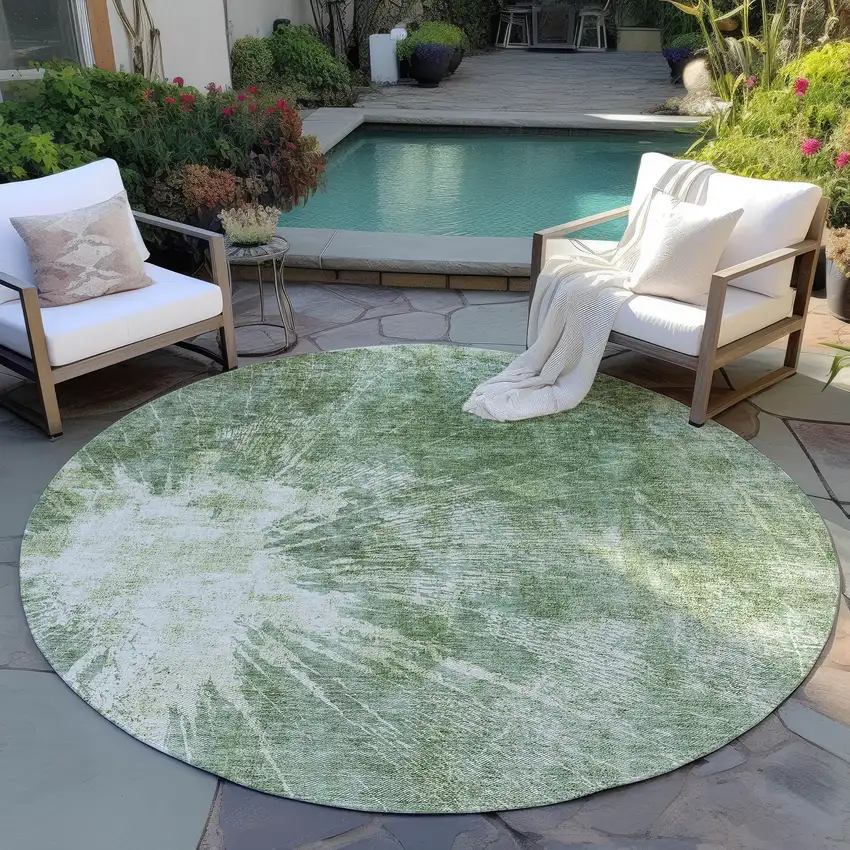 8' Fern Green And Artichoke Green Round Abstract Washable Indoor Outdoor Area Rug Photo 6