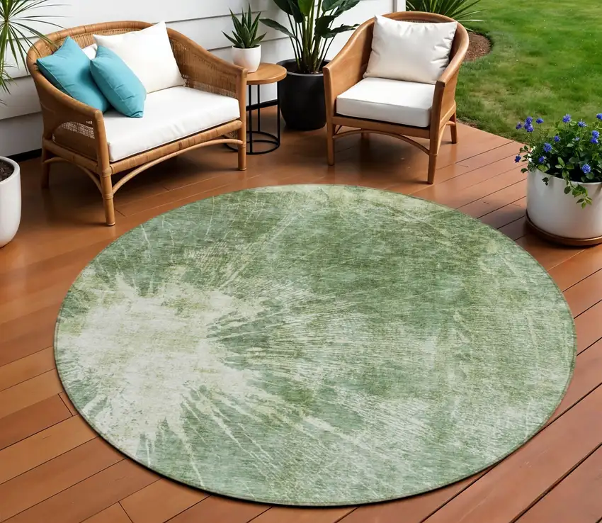 8' Fern Green And Artichoke Green Round Abstract Washable Indoor Outdoor Area Rug Photo 1