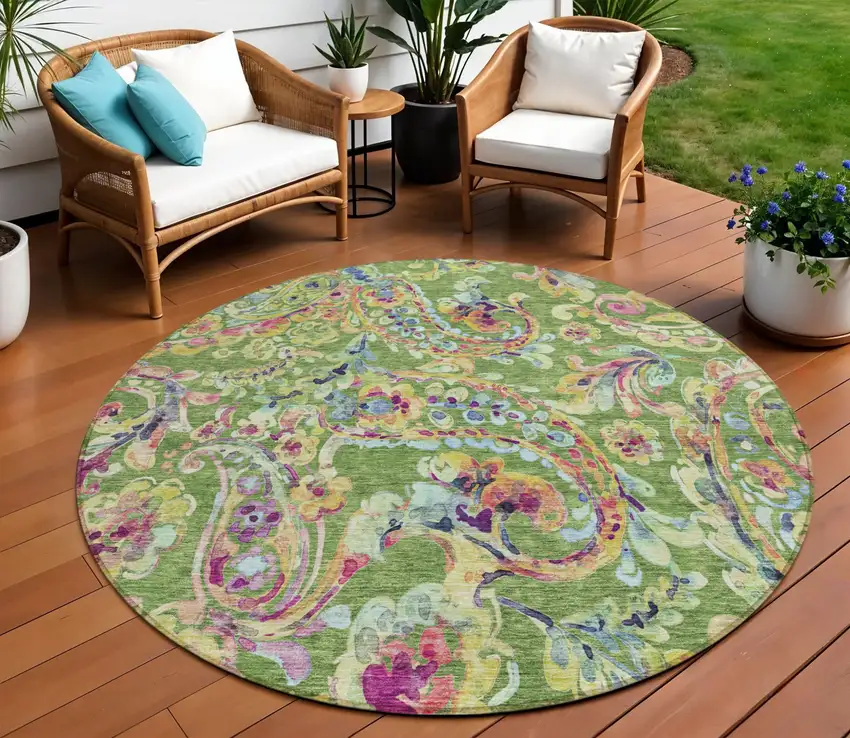 8' Fern Green And Artichoke Green Round Paisley Washable Indoor Outdoor Area Rug Photo 1