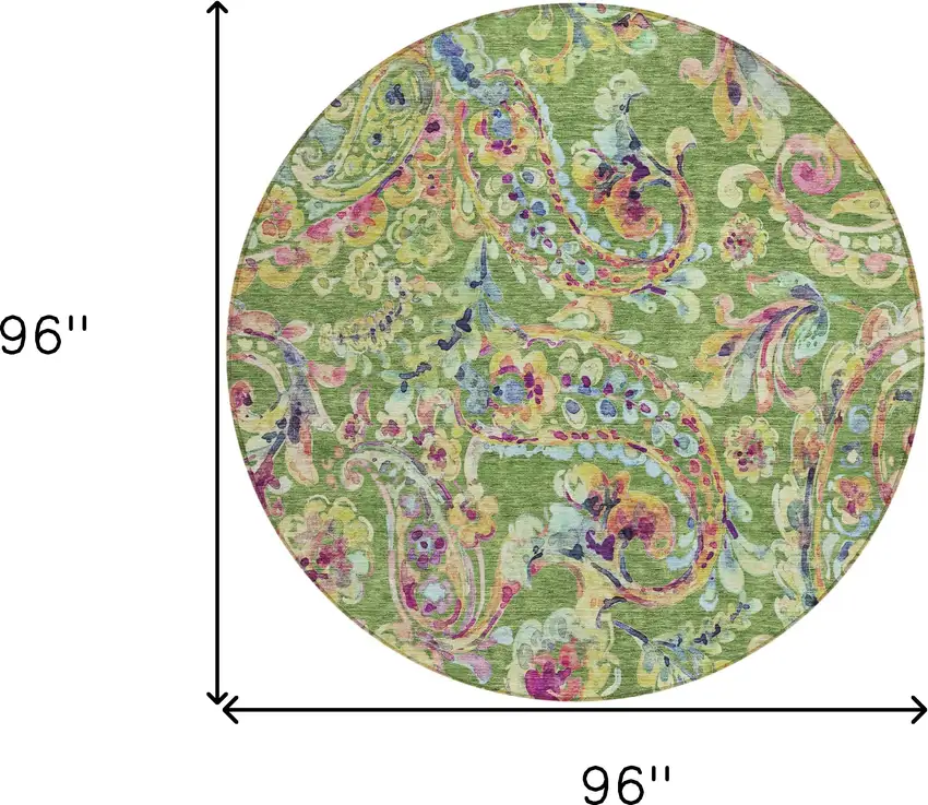 8' Fern Green And Artichoke Green Round Paisley Washable Indoor Outdoor Area Rug Photo 3