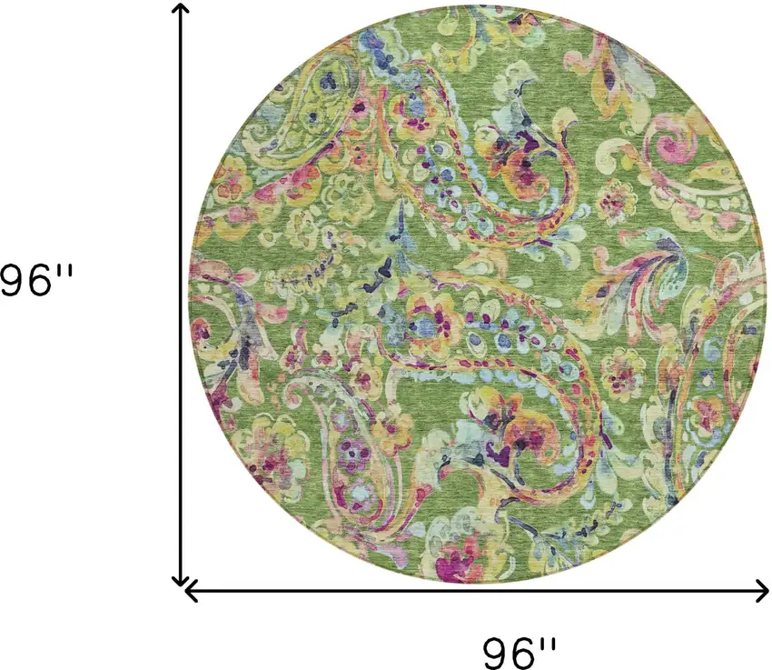 8' Fern Green And Artichoke Green Round Paisley Washable Indoor Outdoor Area Rug Photo 3