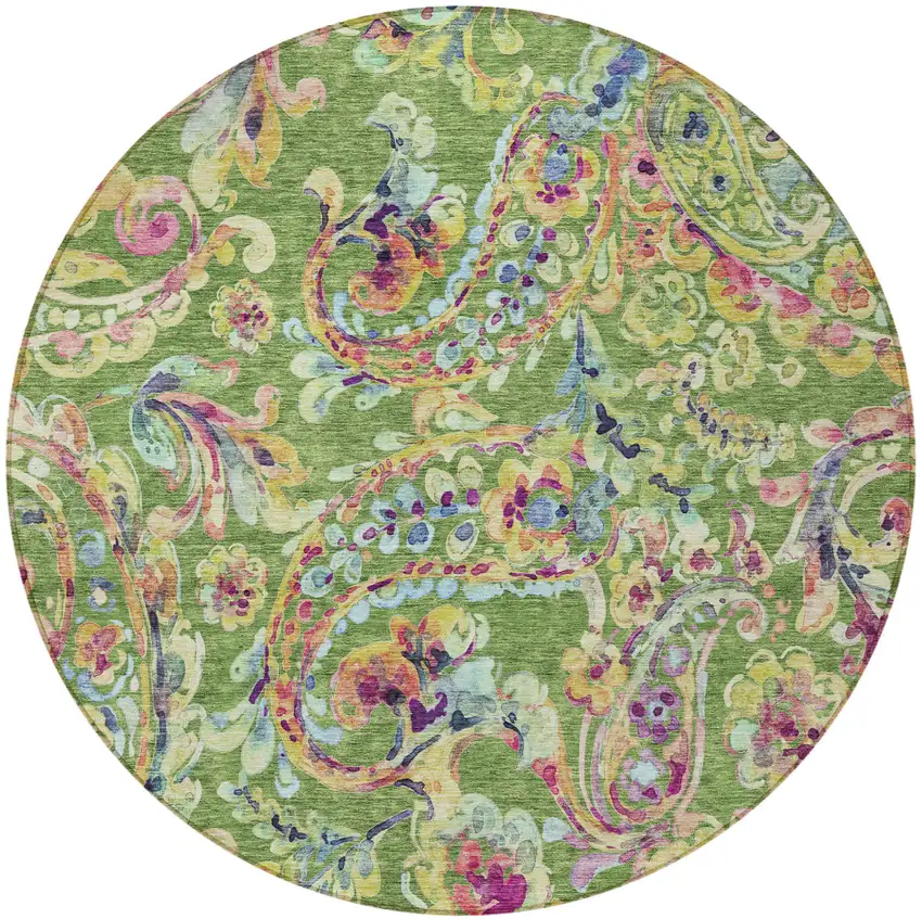 8' Fern Green And Artichoke Green Round Paisley Washable Indoor Outdoor Area Rug Photo 6