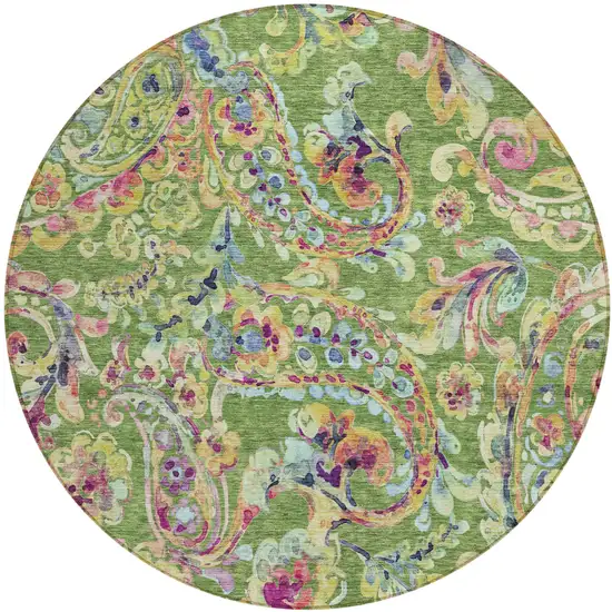 8' Fern Green And Artichoke Green Round Paisley Washable Indoor Outdoor Area Rug Photo 2