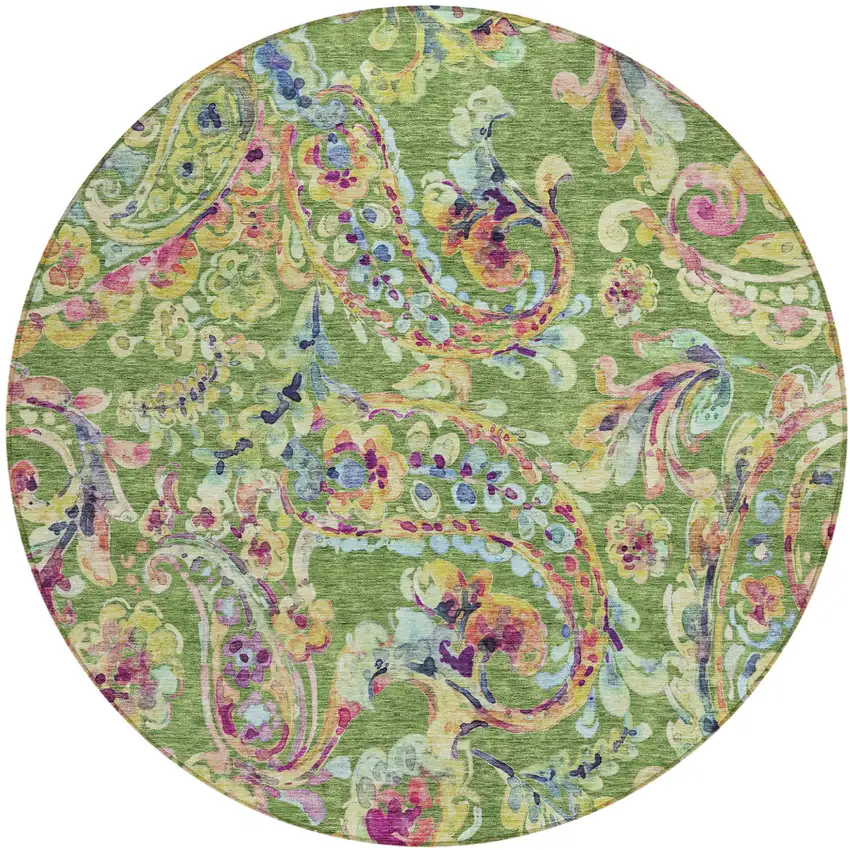 8' Fern Green And Artichoke Green Round Paisley Washable Indoor Outdoor Area Rug Photo 2