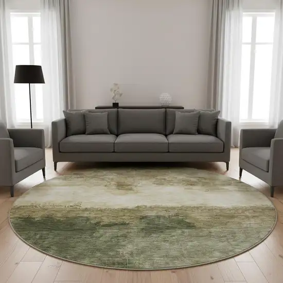 8' Fern Green And Beige Abstract Washable Round Rug With UV Protection Photo 2