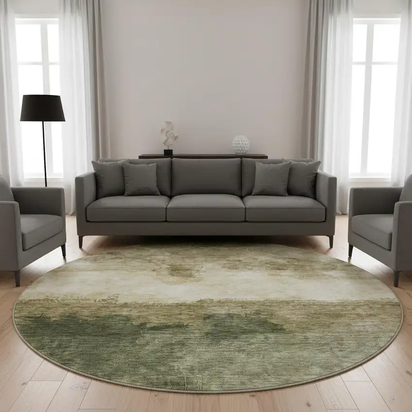 8' Fern Green And Beige Abstract Washable Round Rug With UV Protection Photo 2