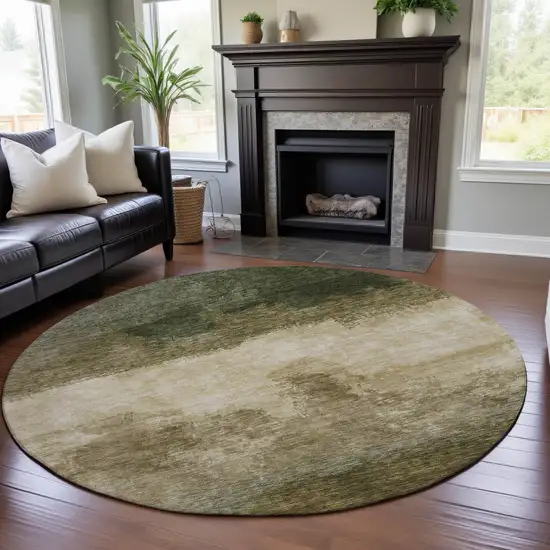 8' Fern Green And Beige Abstract Washable Round Rug With UV Protection Photo 4