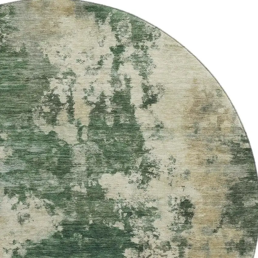 8' Fern Green And Beige Abstract Washable Round Rug With UV Protection Photo 4