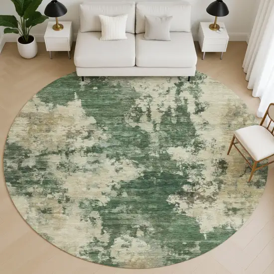 8' Fern Green And Beige Abstract Washable Round Rug With UV Protection Photo 5