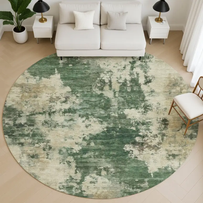 8' Fern Green And Beige Abstract Washable Round Rug With UV Protection Photo 5
