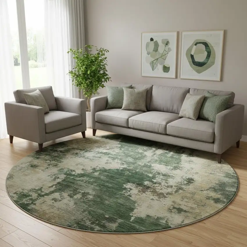 8' Fern Green And Beige Abstract Washable Round Rug With UV Protection Photo 2