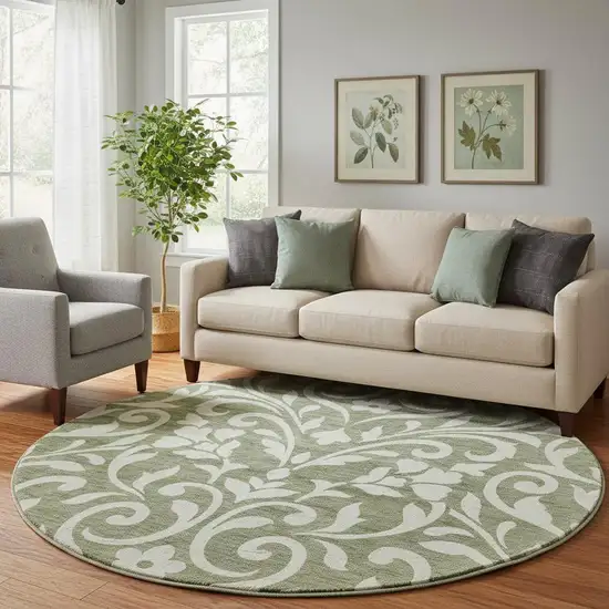 8' Fern Green And Beige Floral Washable Round Rug With UV Protection Photo 1