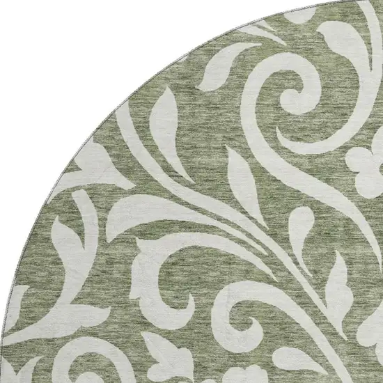 8' Fern Green And Beige Floral Washable Round Rug With UV Protection Photo 4
