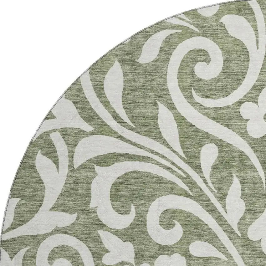 8' Fern Green And Beige Floral Washable Round Rug With UV Protection Photo 4