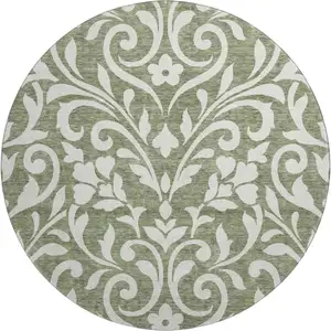 Photo of 8' Fern Green And Beige Floral Washable Round Rug With UV Protection