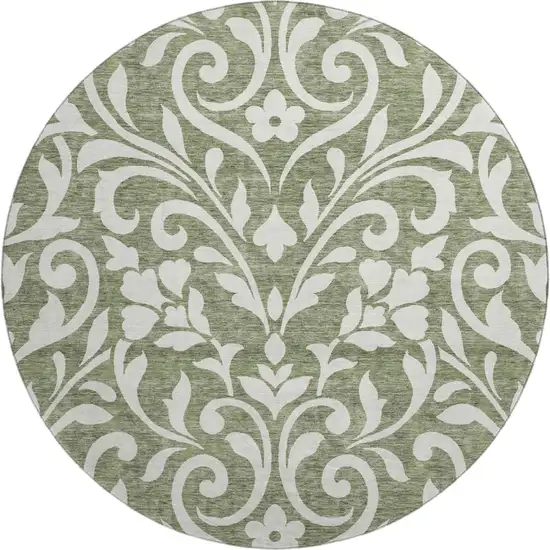 8' Fern Green And Beige Floral Washable Round Rug With UV Protection Photo 1