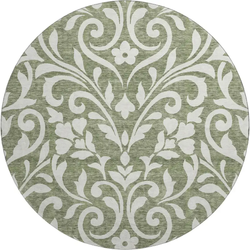 8' Fern Green And Beige Floral Washable Round Rug With UV Protection Photo 1