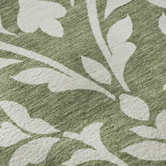 8' Fern Green And Beige Floral Washable Round Rug With UV Protection Photo 9