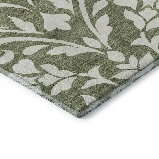 8' Fern Green And Beige Floral Washable Round Rug With UV Protection Photo 7