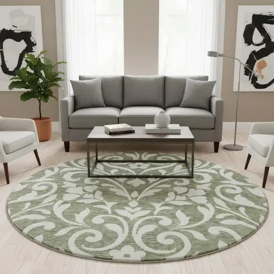 8' Fern Green And Beige Floral Washable Round Rug With UV Protection Photo 2