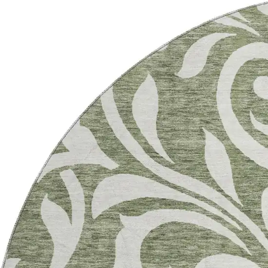 8' Fern Green And Beige Floral Washable Round Rug With UV Protection Photo 3
