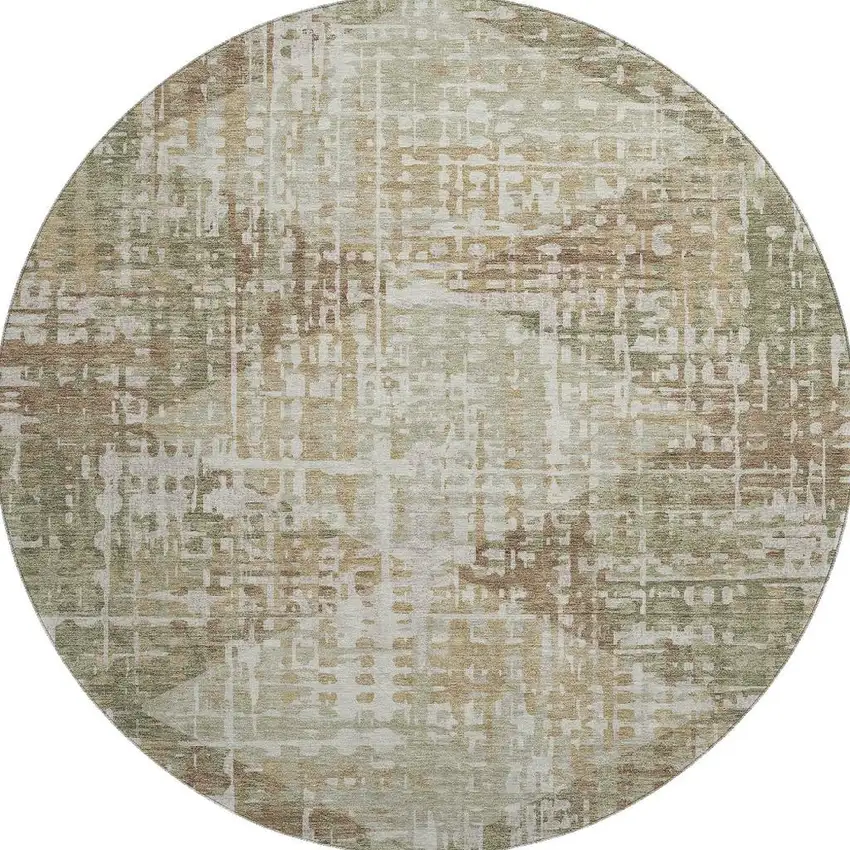 8' Fern Green And Beige Geometric Washable Round Rug With UV Protection Photo 4
