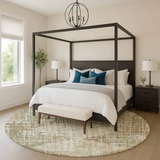 8' Fern Green And Beige Geometric Washable Round Rug With UV Protection Photo 5