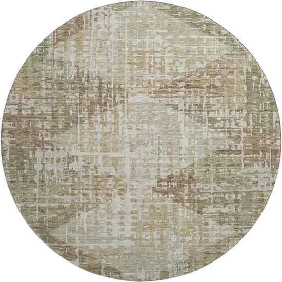 8' Fern Green And Beige Geometric Washable Round Rug With UV Protection Photo 1