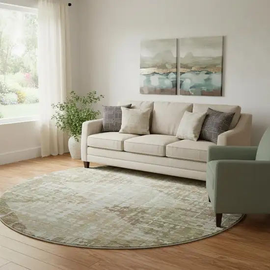 8' Fern Green And Beige Geometric Washable Round Rug With UV Protection Photo 2
