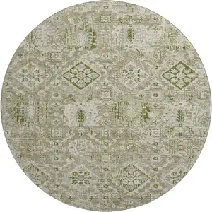 Photo of 8' Fern Green And Beige Oriental Washable Round Rug With UV Protection