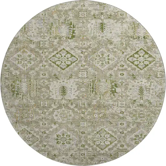 8' Fern Green And Beige Oriental Washable Round Rug With UV Protection Photo 1