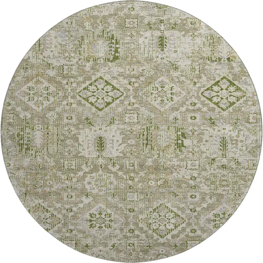 8' Fern Green And Beige Oriental Washable Round Rug With UV Protection Photo 1