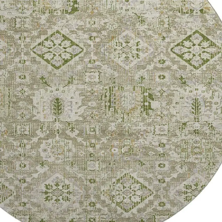 8' Fern Green And Beige Oriental Washable Round Rug With UV Protection Photo 3