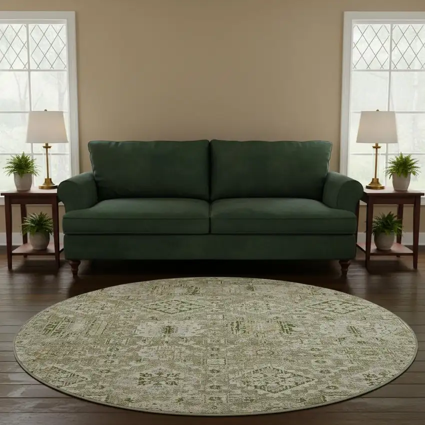 8' Fern Green And Beige Oriental Washable Round Rug With UV Protection Photo 2