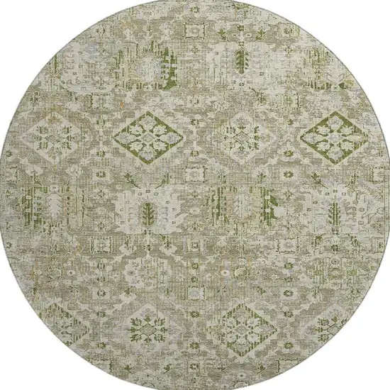 8' Fern Green And Beige Oriental Washable Round Rug With UV Protection Photo 4