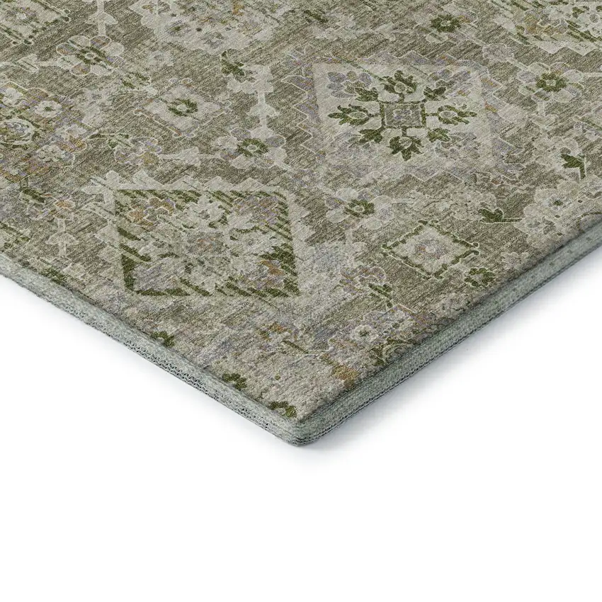 8' Fern Green And Beige Oriental Washable Round Rug With UV Protection Photo 7