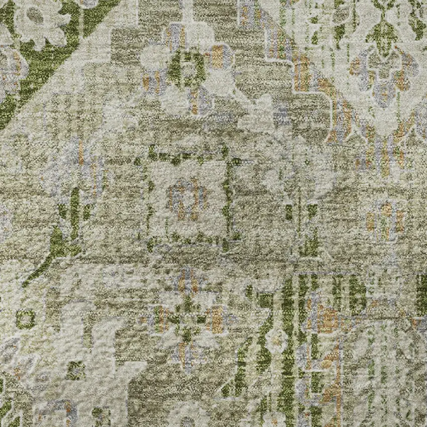 8' Fern Green And Beige Oriental Washable Round Rug With UV Protection Photo 9