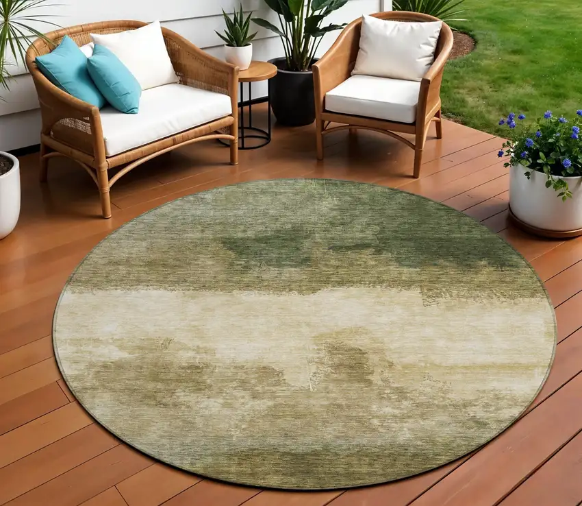 8' Fern Green And Beige Round Abstract Washable Indoor Outdoor Area Rug Photo 1