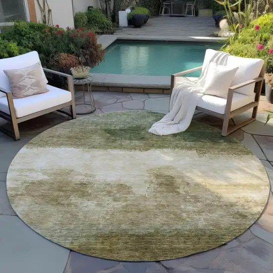 8' Fern Green And Beige Round Abstract Washable Indoor Outdoor Area Rug Photo 6