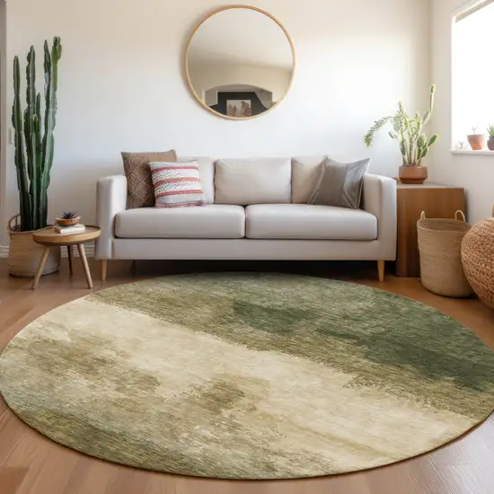 8' Fern Green And Beige Round Abstract Washable Indoor Outdoor Area Rug Photo 7