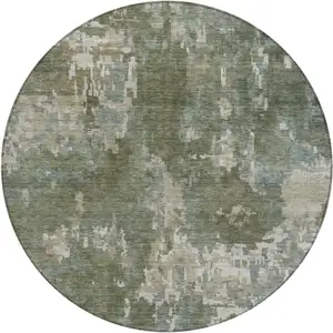 Photo of 8' Fern Green And Beige Round Abstract Washable Indoor Outdoor Area Rug