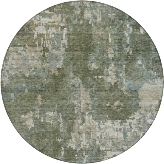8' Fern Green And Beige Round Abstract Washable Indoor Outdoor Area Rug Photo 1