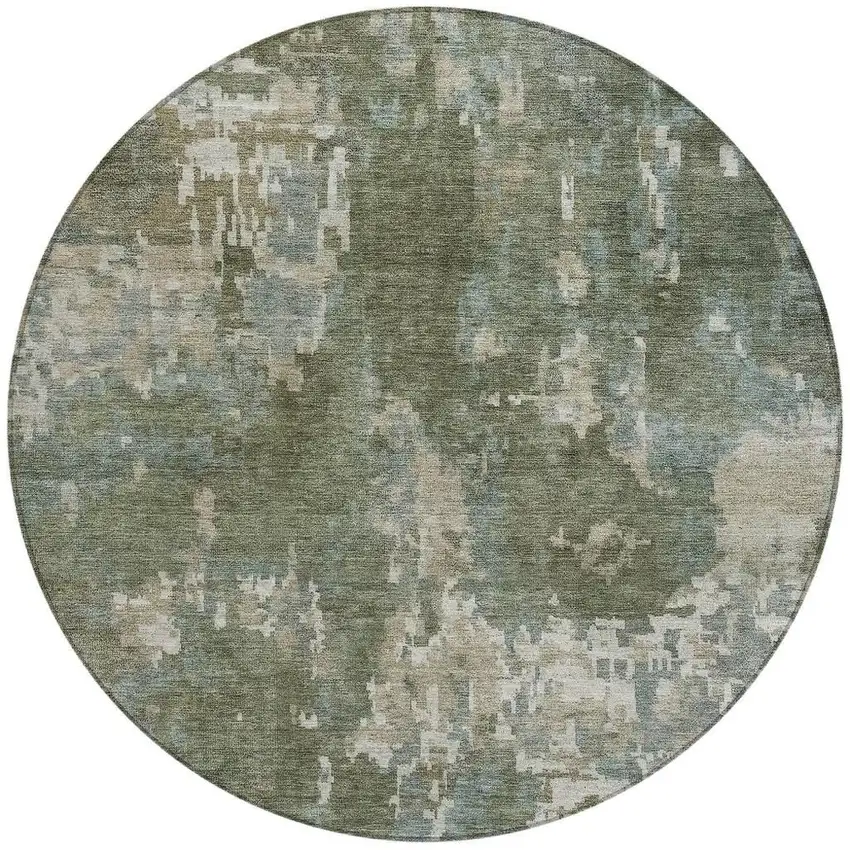 8' Fern Green And Beige Round Abstract Washable Indoor Outdoor Area Rug Photo 3