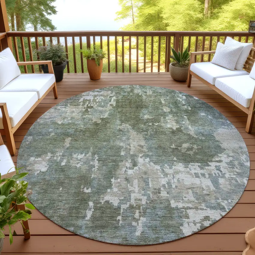 8' Fern Green And Beige Round Abstract Washable Indoor Outdoor Area Rug Photo 4