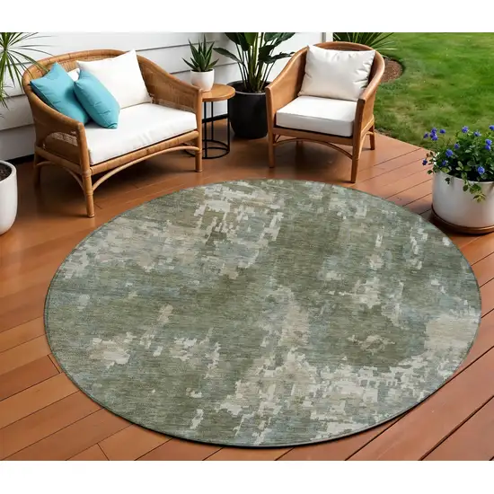 8' Fern Green And Beige Round Abstract Washable Indoor Outdoor Area Rug Photo 1