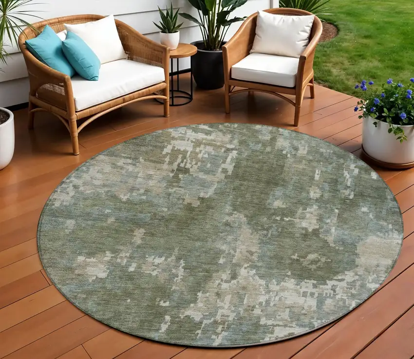 8' Fern Green And Beige Round Abstract Washable Indoor Outdoor Area Rug Photo 1