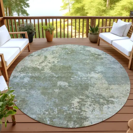 8' Fern Green And Beige Round Abstract Washable Indoor Outdoor Area Rug Photo 4