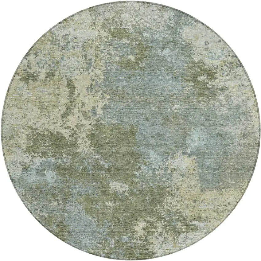8' Fern Green And Beige Round Abstract Washable Indoor Outdoor Area Rug Photo 1