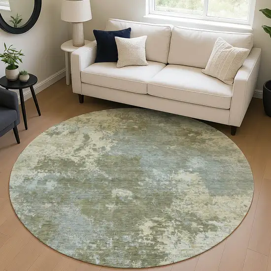 8' Fern Green And Beige Round Abstract Washable Indoor Outdoor Area Rug Photo 5