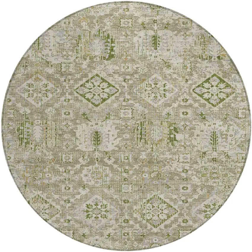 8' Fern Green And Beige Round Floral Medallion Washable Indoor Outdoor Area Rug Photo 1